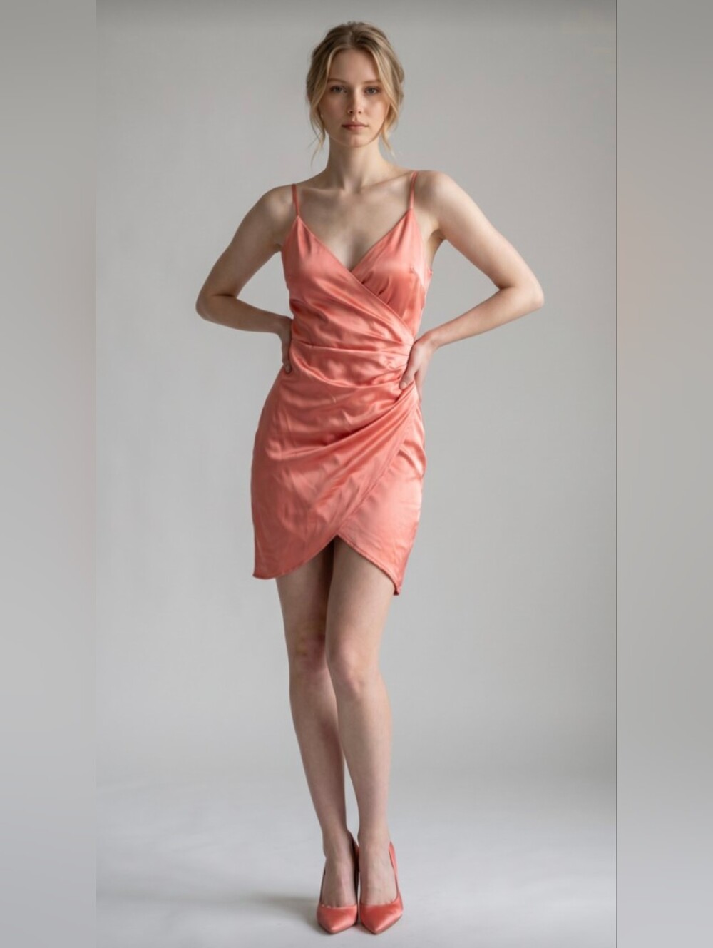 NWT! FOREVER 21! RIPE PAPAYA ORANGE SATIN SPAGHETTI STRAP, FAUX WRAP DRESS! SZ S